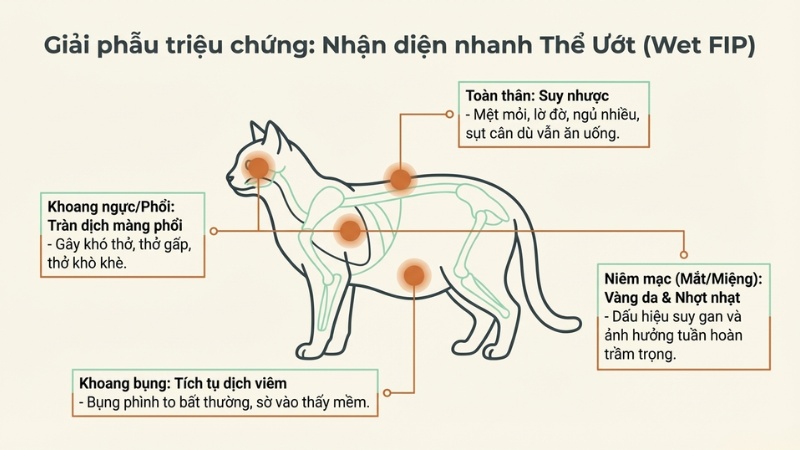 Các biểu hiện đặc trưng của tình trạng FIP ở mèo thể ướt