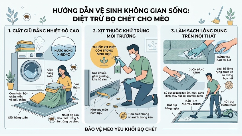 Vệ sinh và làm sạch không gian sống xung quanh bạn và mèo