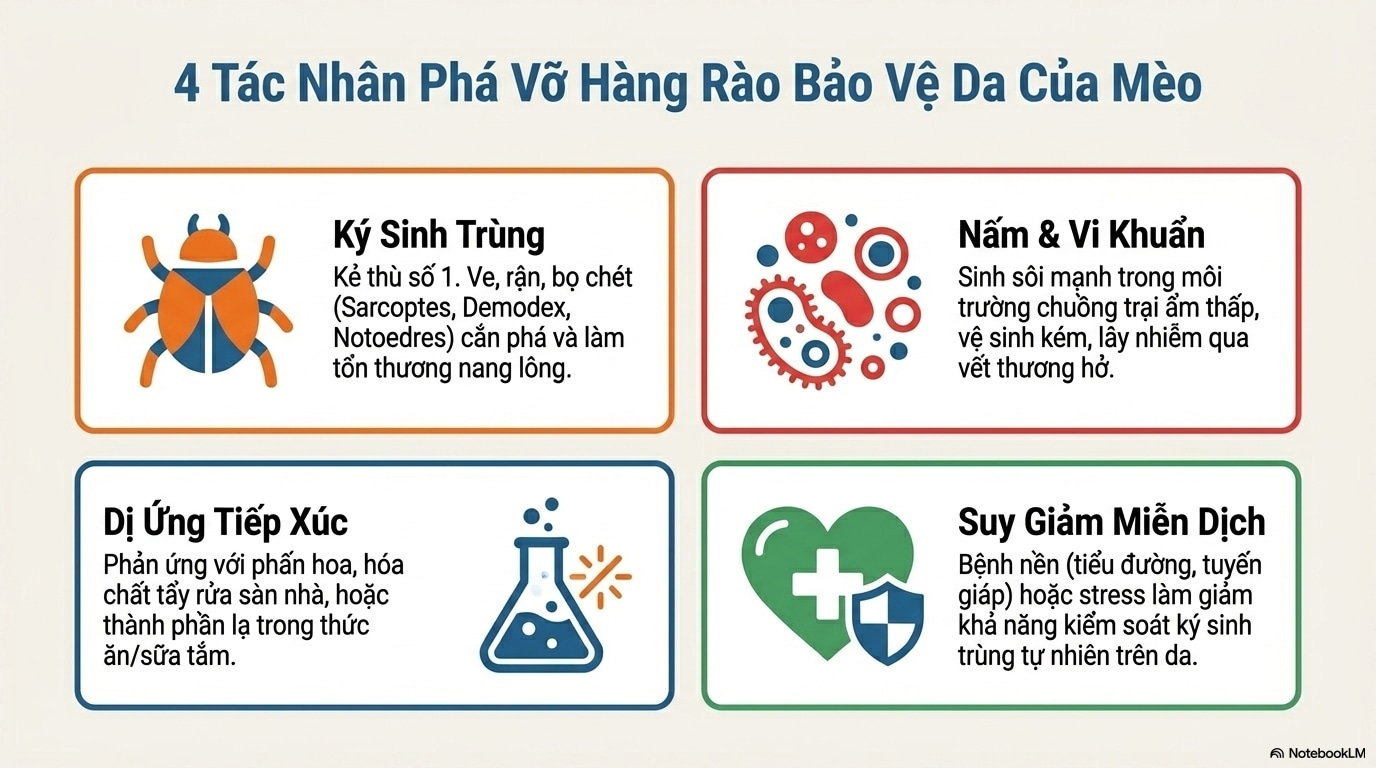 Điểm mặt những nguyên nhân chính khiến mèo mắc các bệnh lý về da